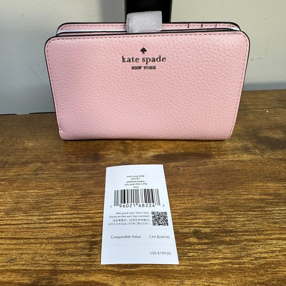 Kate Spade Lena Medium Compact Bifold Wallet Tutu Pink Pebbled Leather KH787 NEW